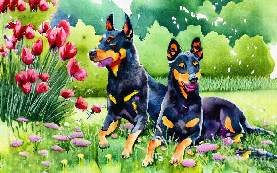 Dog Painting - Australian Kelpie Dogs Lawn Flowers by Lowell Harann