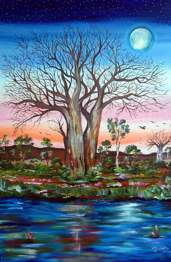 Australian Outback Full Moon and Bottle Trees by pond  Painting by Roberto Gagliardi