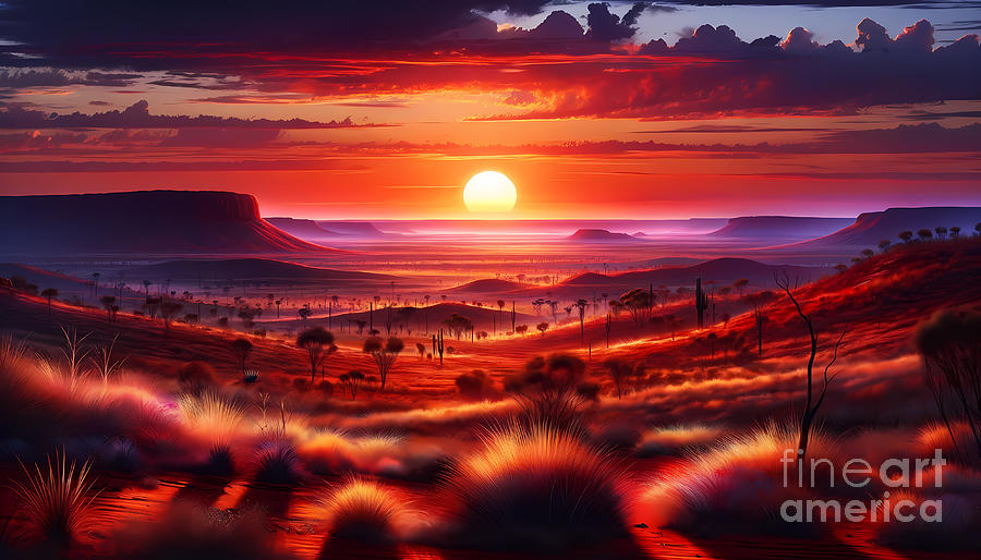 Sunset Digital Art - Australian Outback Sunset, The sun setting over the rugged landscape of the Australian Outback by Jeff Creation
