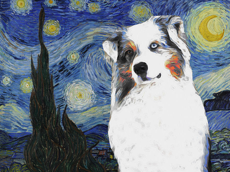Dog Painting - Australian Shepherd Blue Merle Aussie Dog Art Van Gogh Starry Night  by Sandra Sij