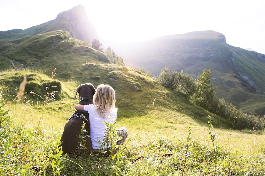 Austria, South Tyrol, young girl sitting with dog on meadow Photograph by Westend61