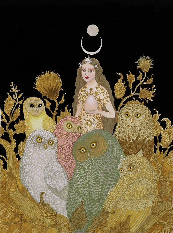 Owl Painting - Automnal Gathering Goddess by Tino Rodriguez