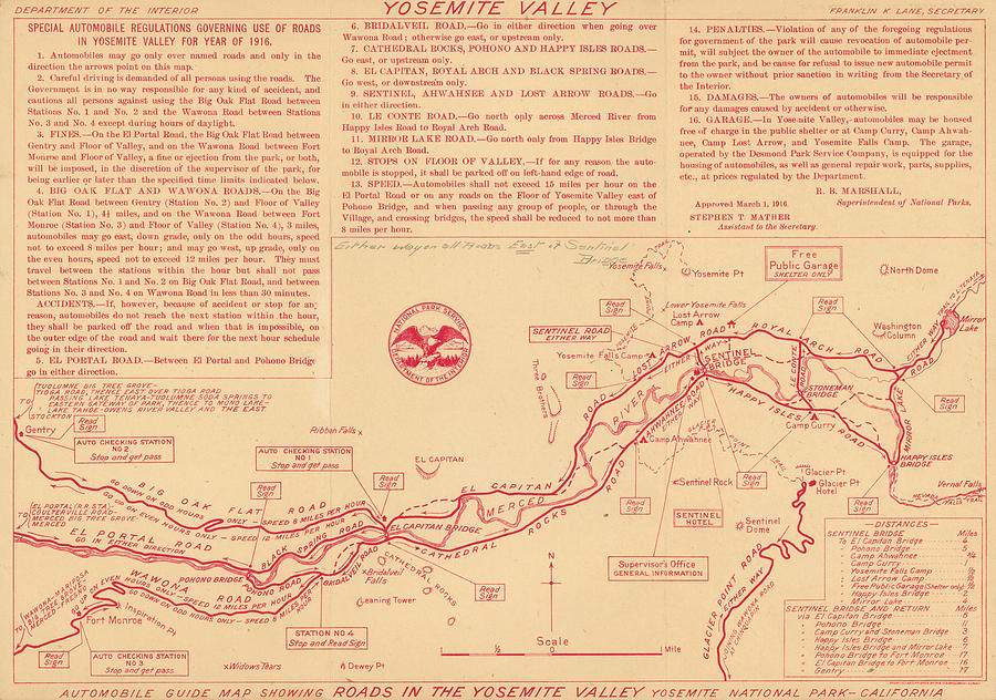 Automobile Guide Map Showing Roads In The Yosemite Valley Washington D 