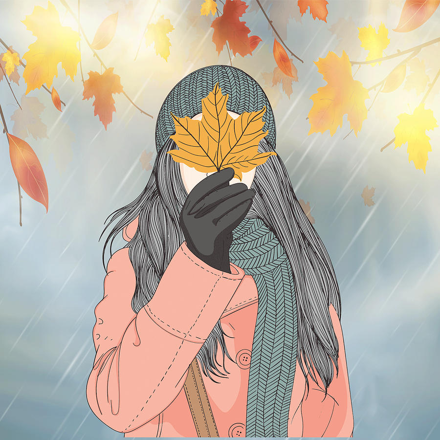 Winter Drawing - Autumn and the beautiful woman with her long pink coat, Wall Art Girl Holding Leaves in Autumn by Mounir Khalfouf