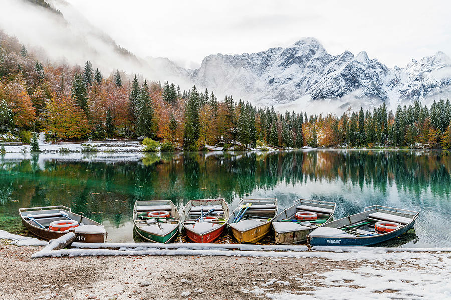 Autumn And Winter. Boats On The Lake Photograph