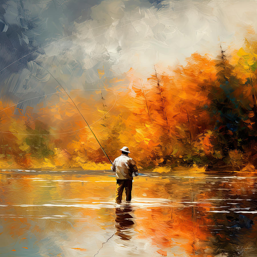 Autumn Angler - A Vibrant Impressionist Painting of a Man Fly Fishing on a Lake Digital Art by Lourry Legarde