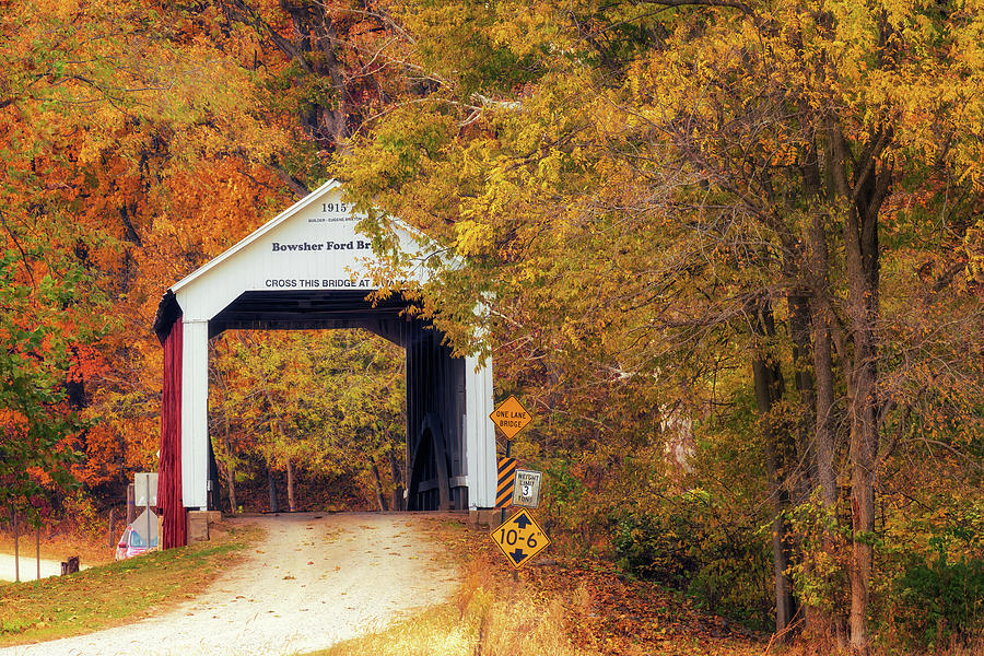 Autumn at Bowsher Ford Covered Bridge - Parke County, Indiana Photograph by Susan Rissi Tregoning