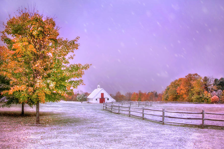 Fall Photograph - Autumn Barn in Snow - Vermont by Joann Vitali