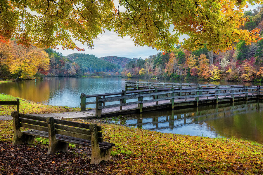 Autumn Bench at the Lake Photograph by Debra and Dave Vanderlaan