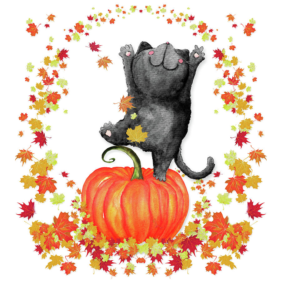 Autumn Black Cat and Pumpkin Dance Digital Art by Doreen Erhardt