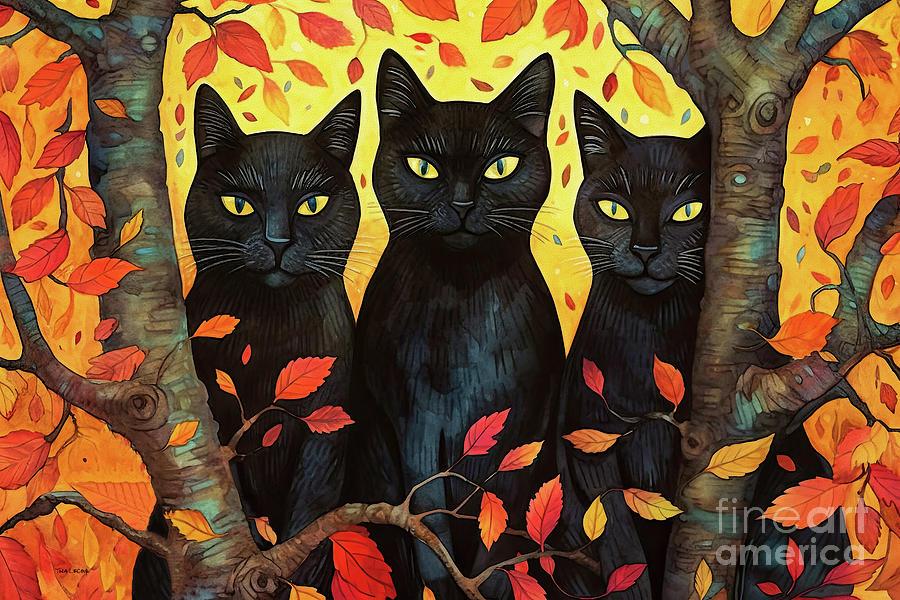 Autumn Black Cats Painting by Tina LeCour