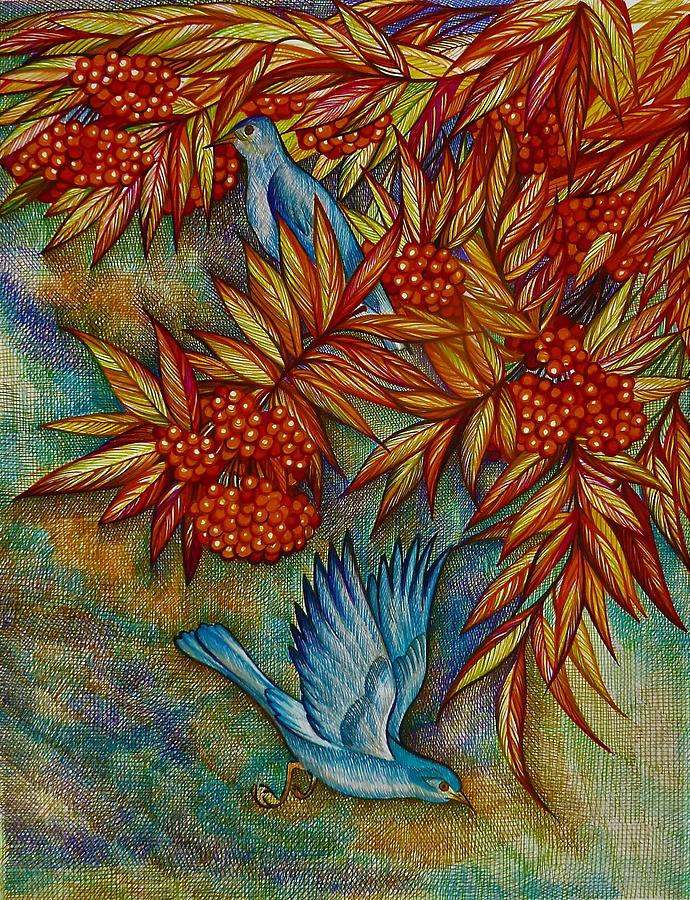 Autumn Blue Bird Drawing by Anna Duyunova