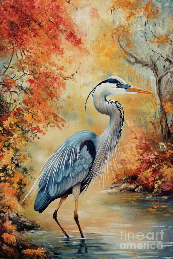 Autumn Blue Heron Painting by Tina LeCour Autumn Blue Heron Painting by Tina LeCour