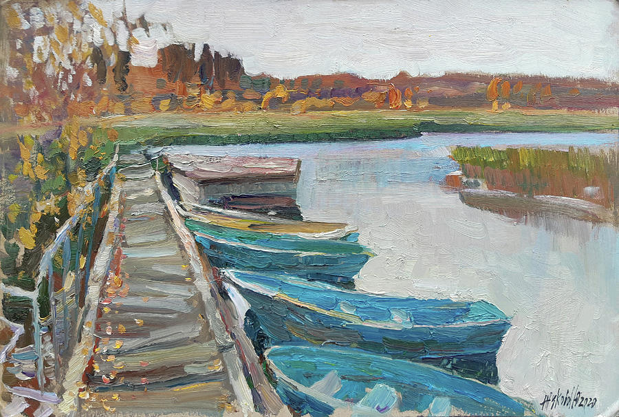 Autumn. Boats at the pier. Painting by Juliya Zhukova