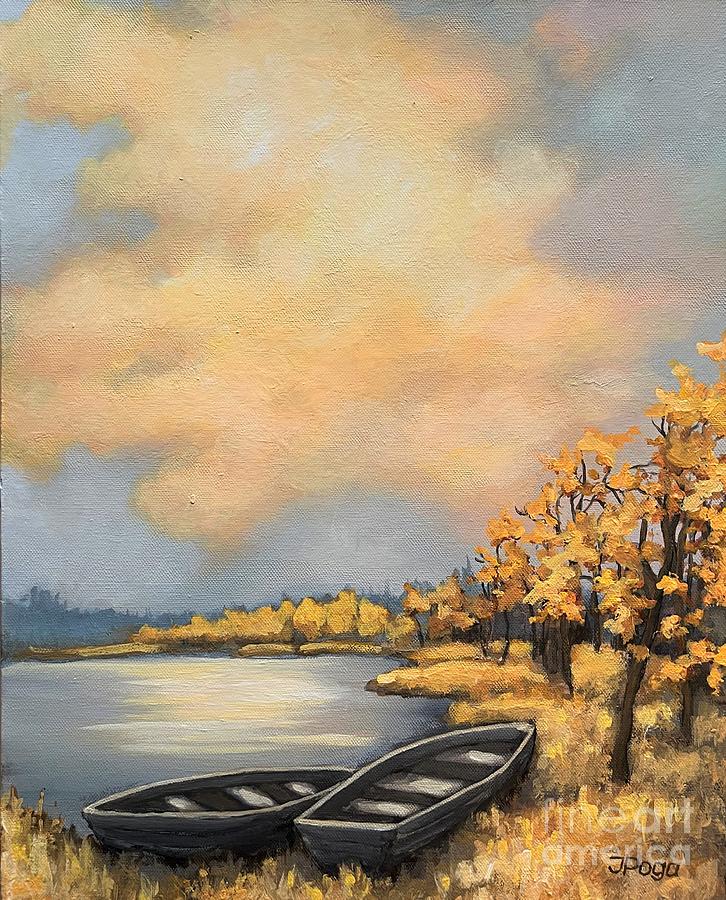 Autumn boats Painting by Inese Poga