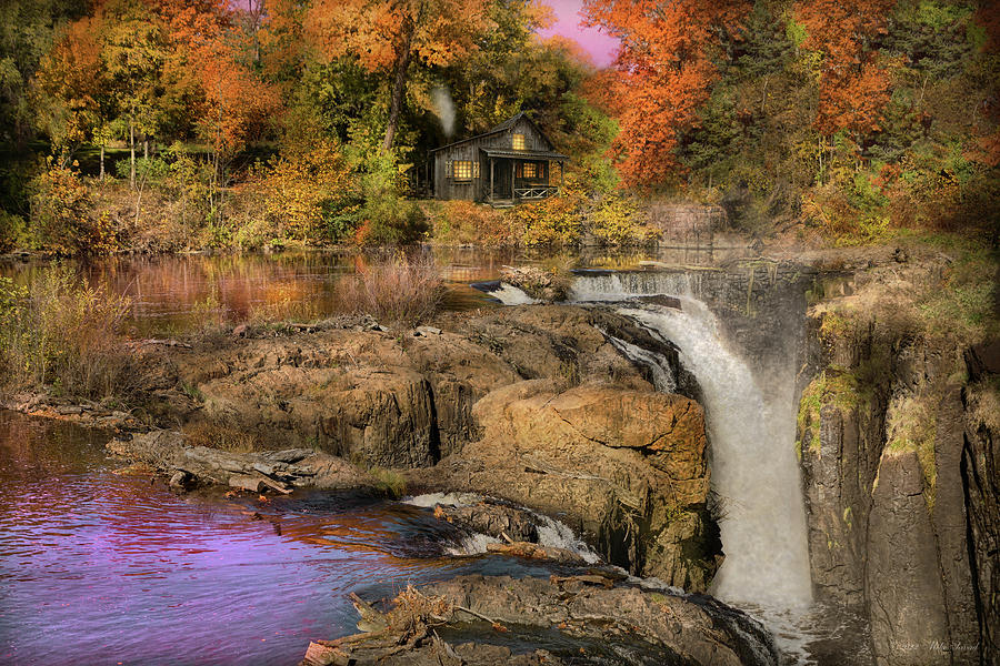 Autumn - Cabin by a waterfall Photograph by Mike Savad