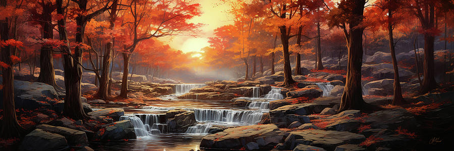 Autumn Cascade - Panorama Painting by Lori Grimmett