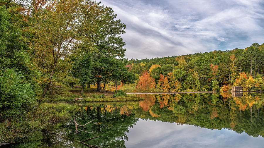 Autumn Colors at the Shores Lake Dam Photograph by James Barber