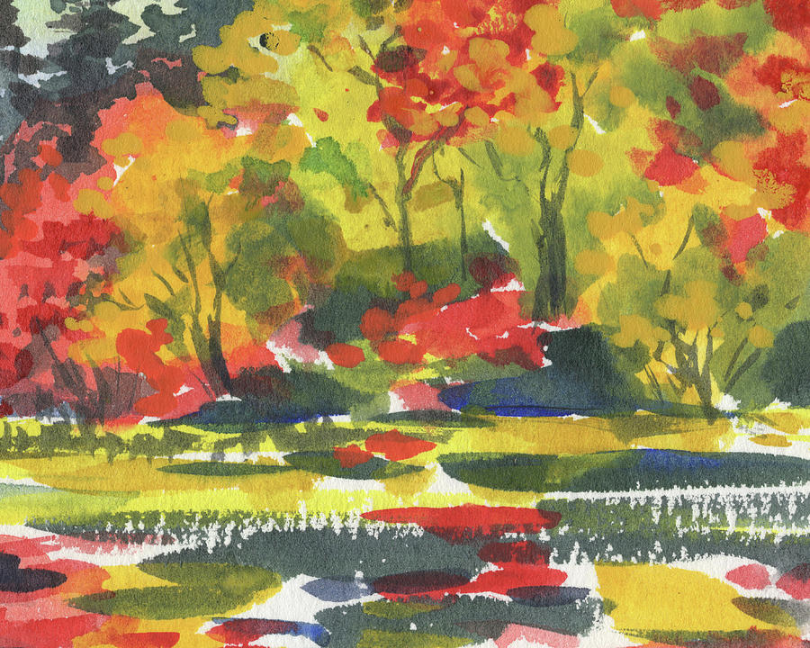 Autumn Colors Fall Landscape Watercolor Warm Happy Tones V Painting by Irina Sztukowski