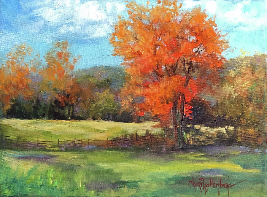 Autumn Countryside The Bright Orange Tree -  An Original Painting by Cheri Wollenberg Painting by Cheri Wollenberg