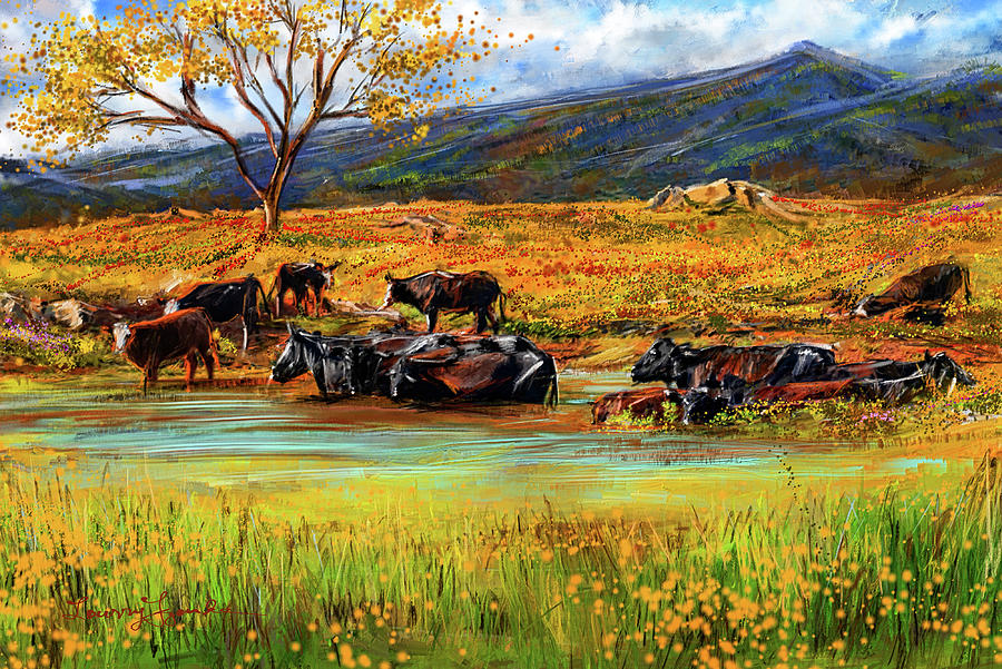 Autumn Cows -Cattle Bathroom Artwork Painting by Lourry Legarde