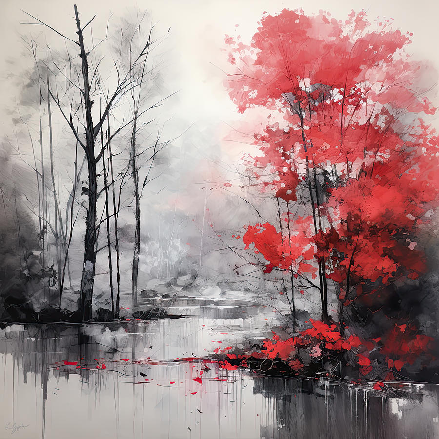 Autumn Embrace in Red and Gray Painting by Lourry Legarde