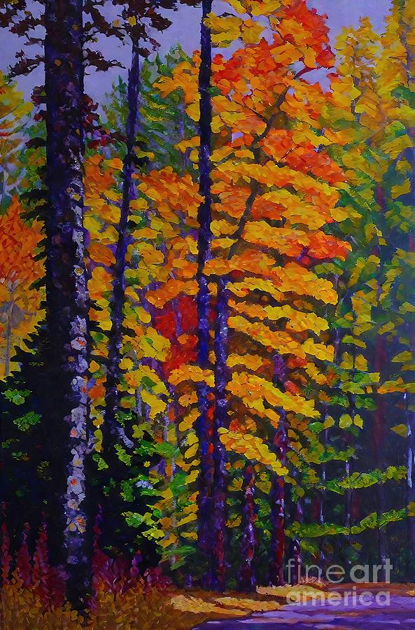 Tree Painting - Autumn Enters Painting pathway trees colorful fall landscape by N Akkash