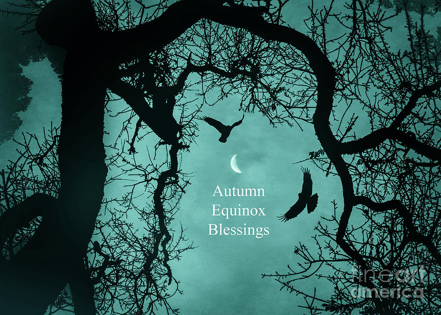 Autumn Equinox Mabon Blessings Oak Tree Crescent Moon and Ravens Photograph by Stephanie Laird