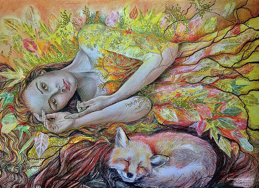 Autumn Fairy with fox Drawing by Bernadett Bagyinka