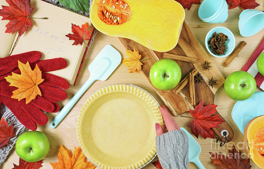 Autumn Fall baking flatlay making pumpkin and apple pie overhead. Photograph by Milleflore Images