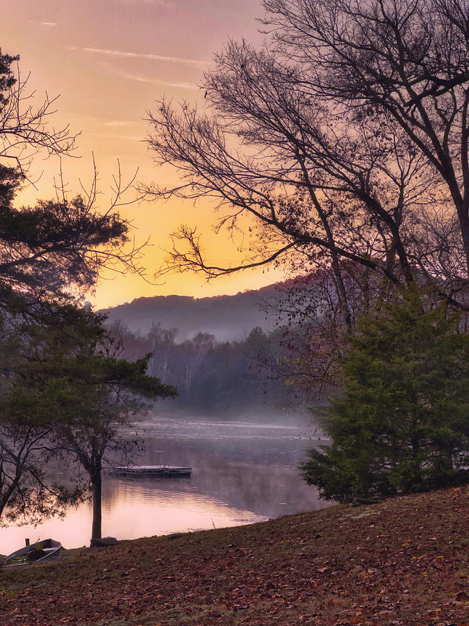 Autumn Foggy Sunrise At Lake Leatherwood Arkansas Photograph by Ann Powell