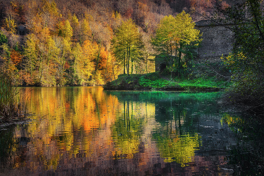 Autumn foliage on the lake of Isola Santa. Garfagnana, Tuscany,  Photograph by Stefano Orazzini