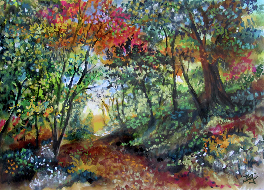 Autumn Forest path Painting by Jean Batzell Fitzgerald