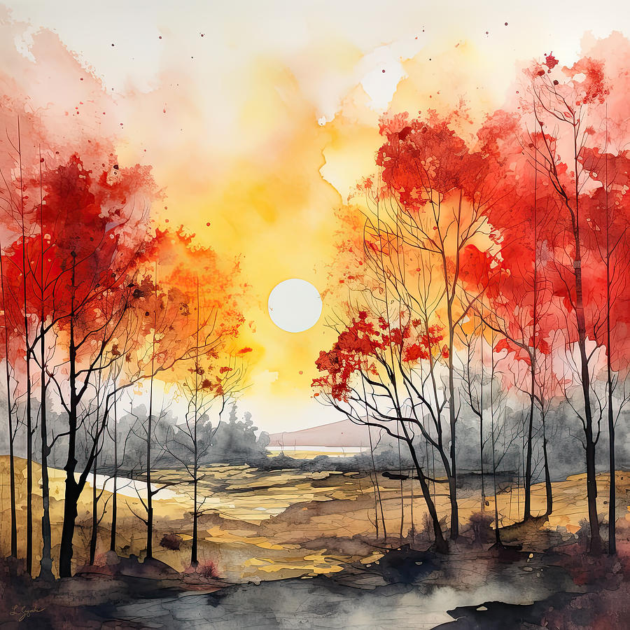 Red And Gray Painting - Autumn Forest - Red and Yellow Paintings by Lourry Legarde