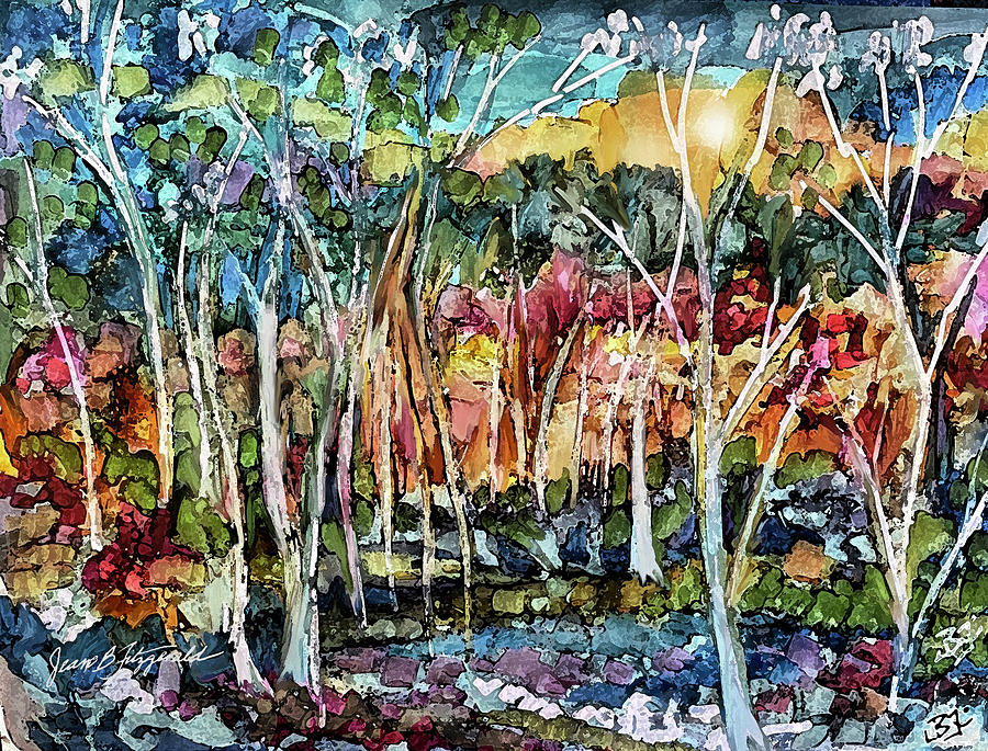 Autumn Forest Sunrise Mixed Media by Jean Batzell Fitzgerald