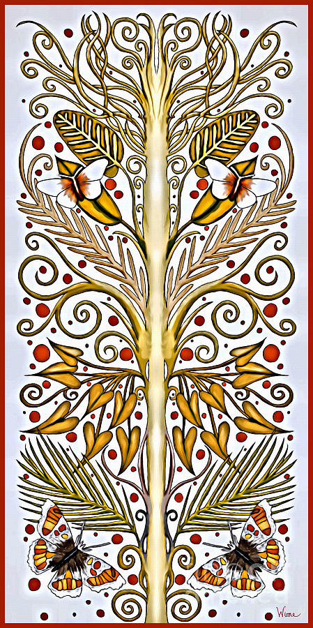 Autumn French Inspired Design with Yellow Leaves, Red Berries, tan tree limbs, and Butterflies Mixed Media by Lise Winne