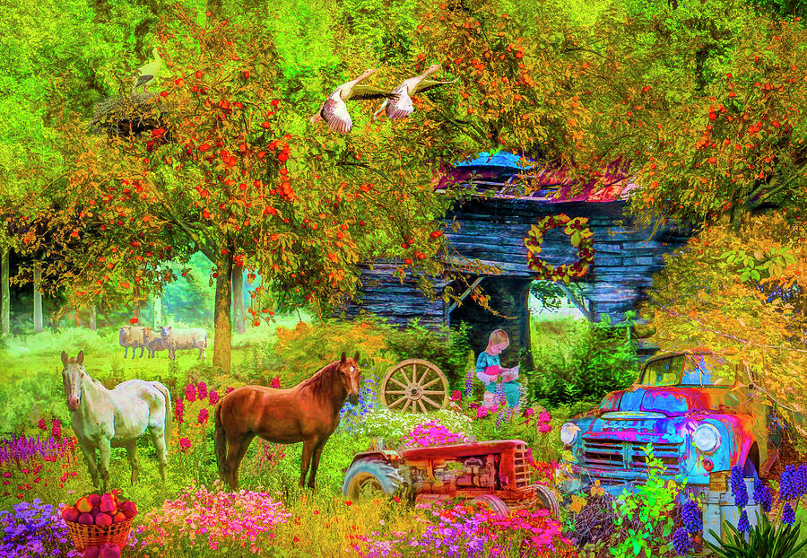 Barn Digital Art - Autumn Garden on the Farm by Debra and Dave Vanderlaan