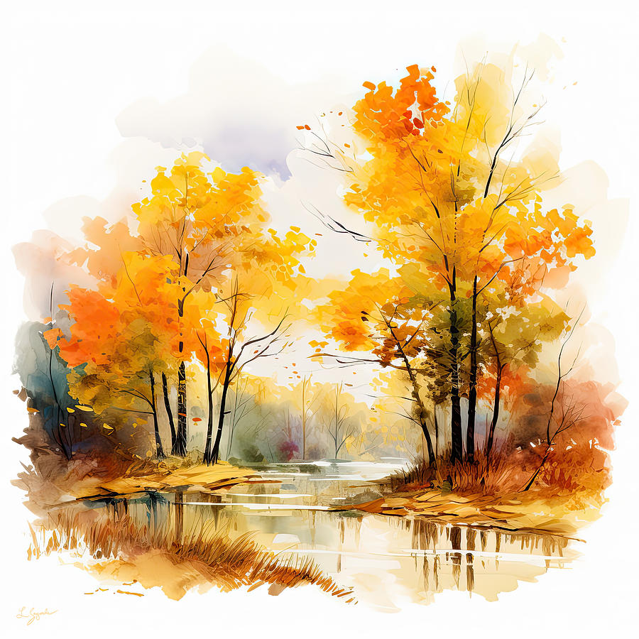 Yellow And Gray Digital Art - Autumn Glow - A Watercolor Landscape by Lourry Legarde