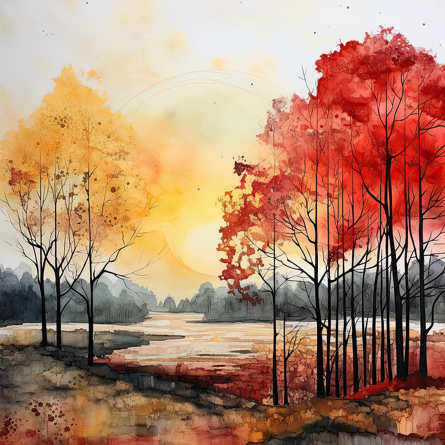 Red And Gray Digital Art - Autumn Glow - Yellow and Red Wall Art by Lourry Legarde