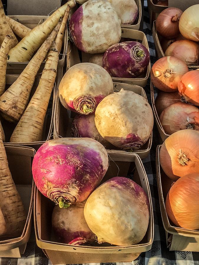 Autumn Photograph - Parsnips, Rutabaga, and Onions by Sage Photography