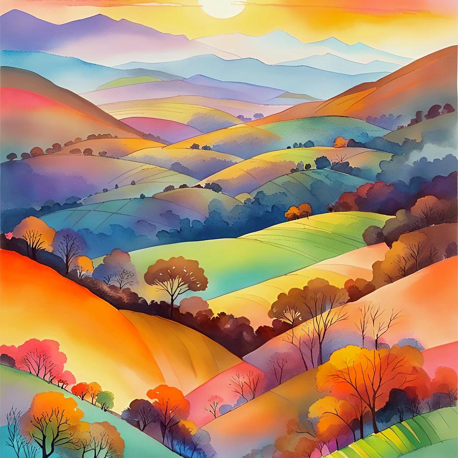 Autumn Hills watercolor landscape Painting by Bonnie Bruno
