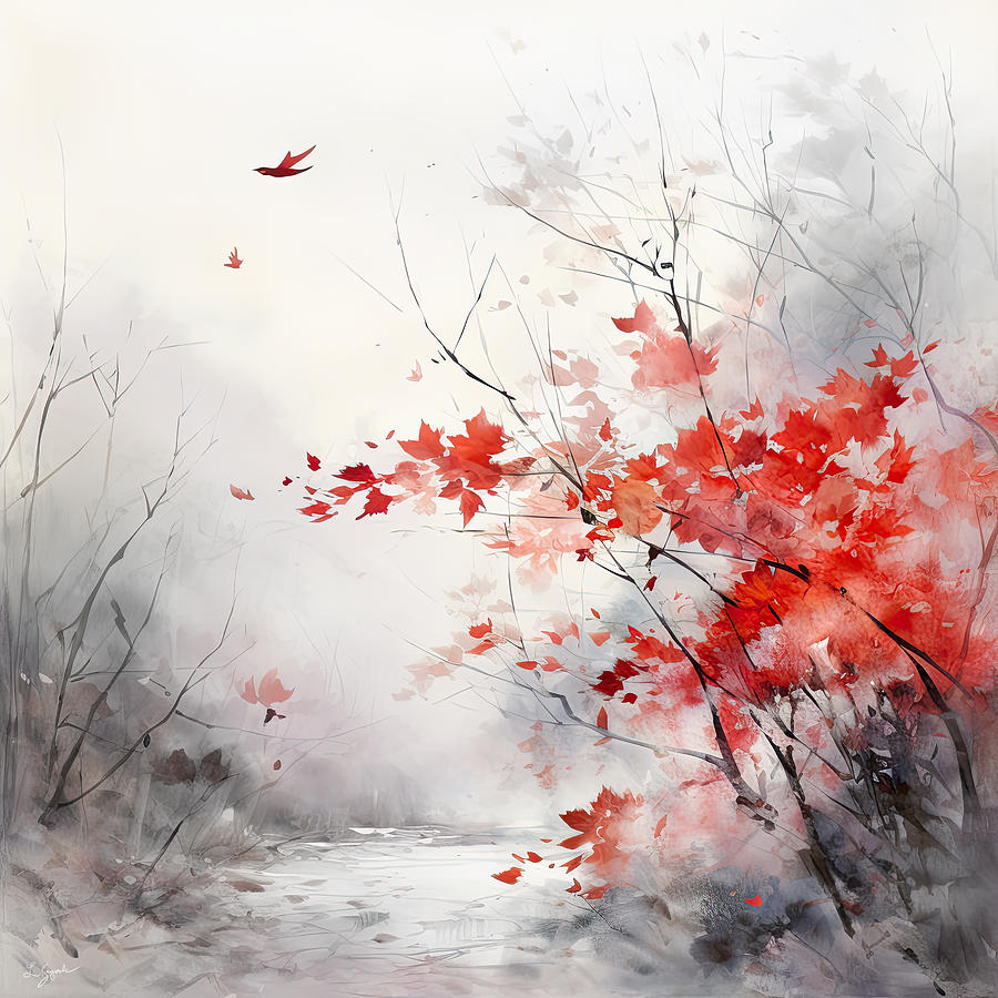 Autumn Impressionist Art - Red and Gray Leaves Dancing in the Mist Painting by Lourry Legarde