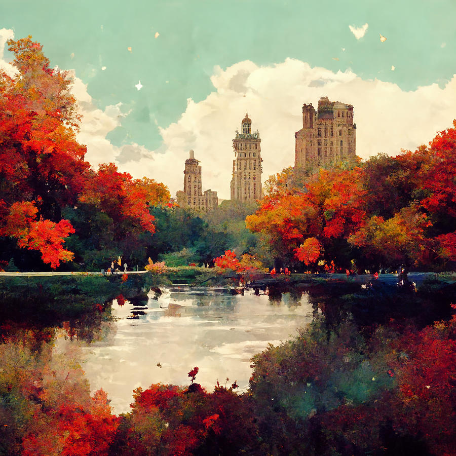 Autumn  in  Central  Park  New  York  City.  Lofi  art  dee9b311  f3e8  4a8c  86d7  7dfb84b6d9fe by  Painting by MotionAge Designs