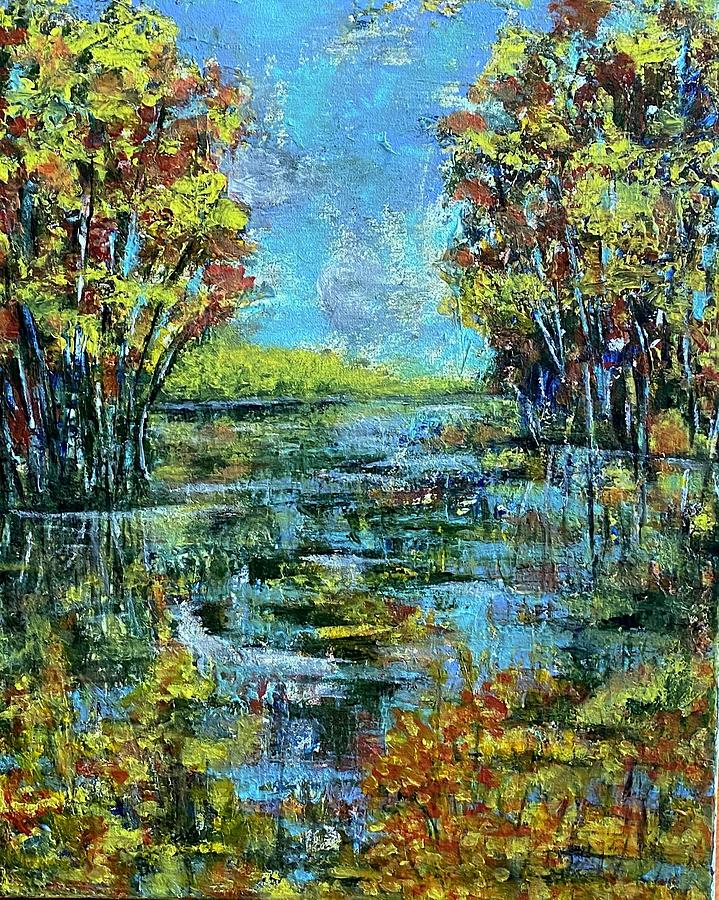 Autumn In Gold n Blue Painting by Rae Chichilnitsky