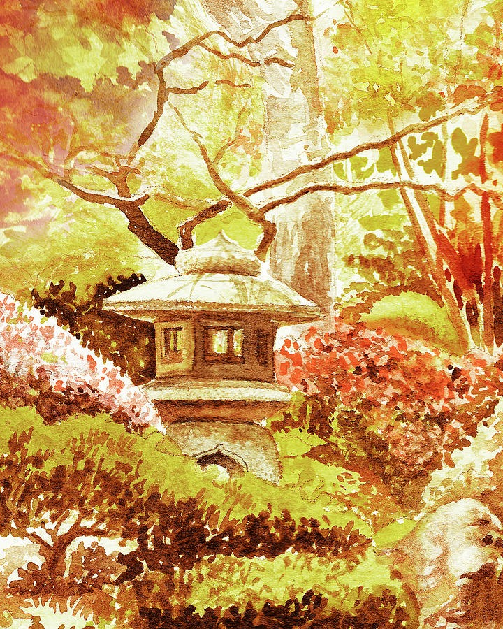 Autumn In Japanese Garden Fall Landscape Watercolor Painting by Irina Sztukowski