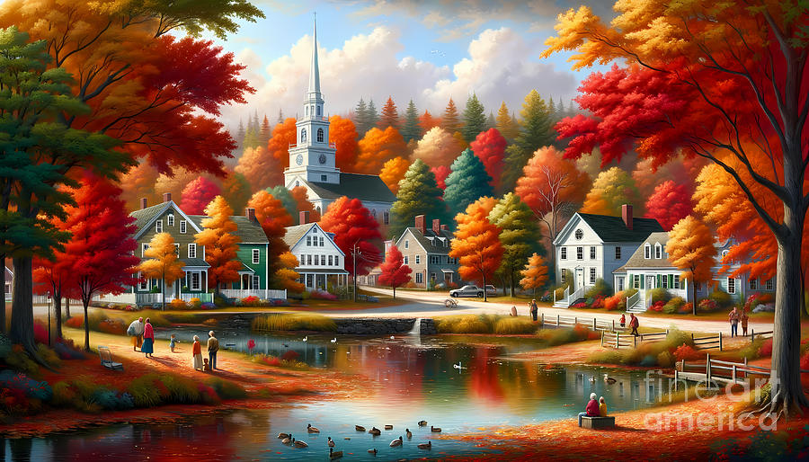 Fall Digital Art - Autumn in New England, A picturesque scene of fall foliage in a quaint New England town by Jeff Creation