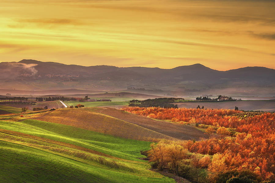 Autumn in Tuscany, rolling hills and woods. Santa Luce Photograph by Stefano Orazzini
