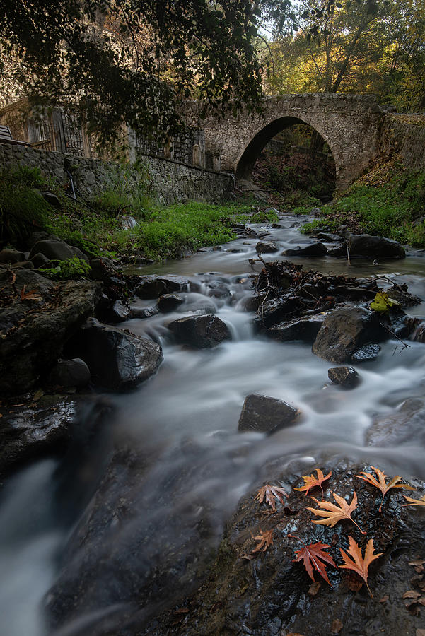 Autumn landscape with river flowing below an ancient stoned bridge and yellow maple leaves on the stone Photograph by Michalakis Ppalis