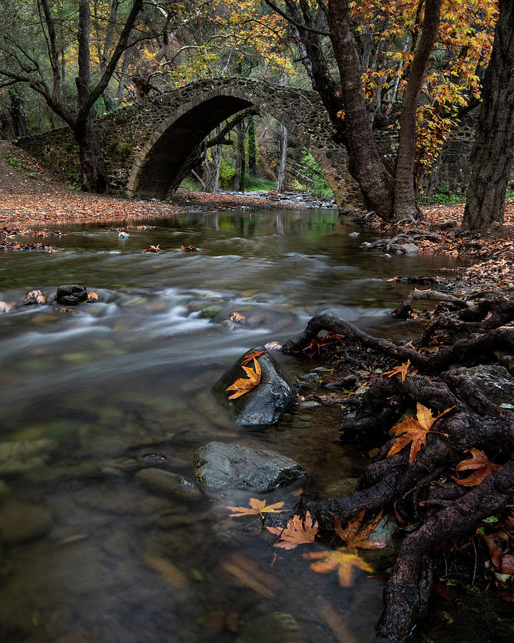 Autumn landscape with river flowing below an ancient stoned bridge Photograph by Michalakis Ppalis