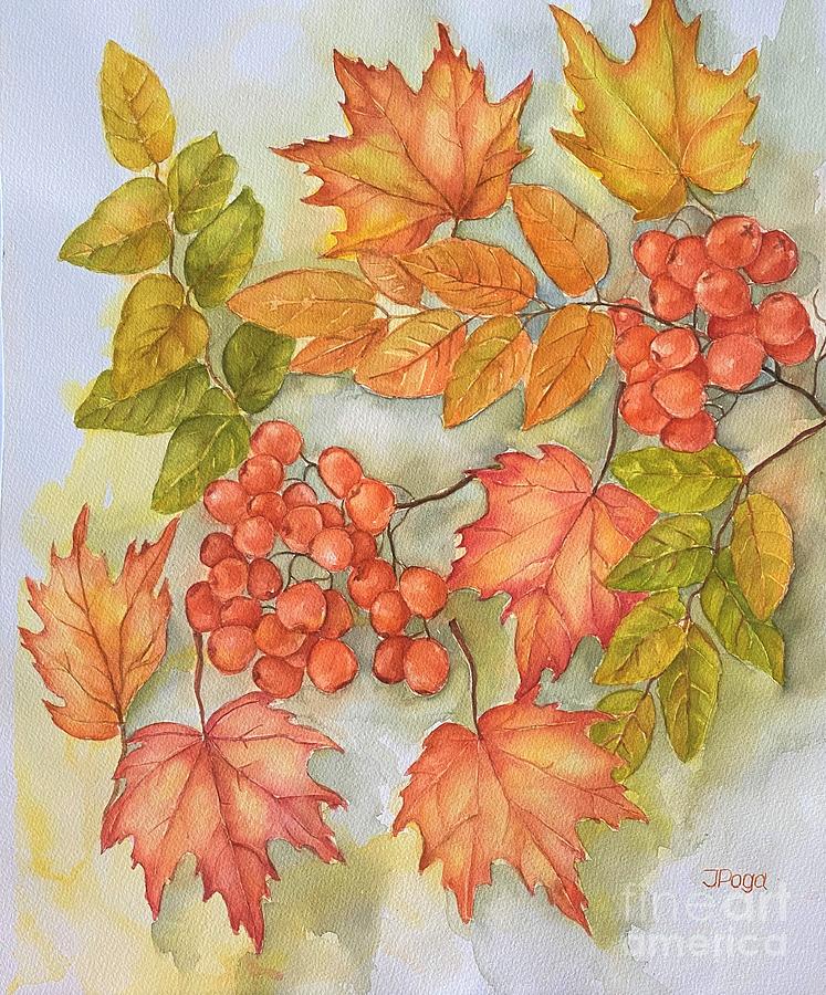 Autumn leaves and berries Painting by Inese Poga